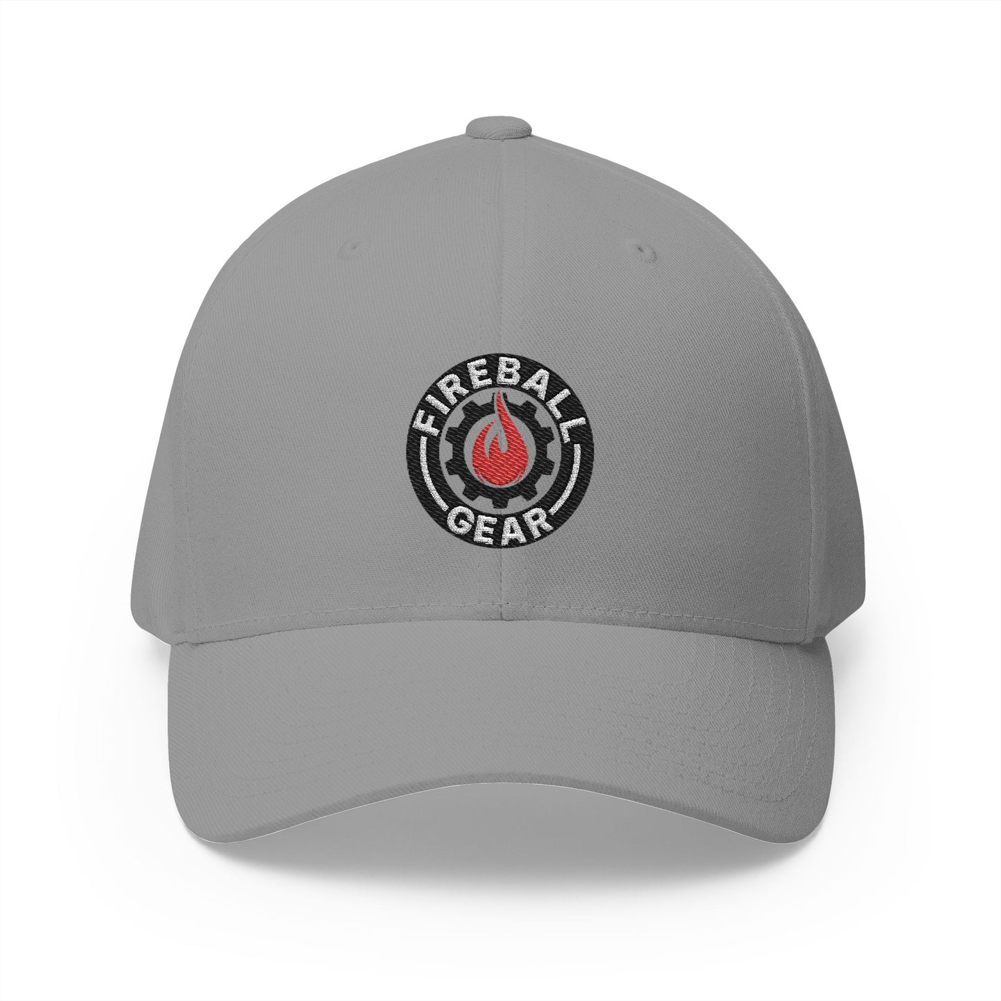 Fireball Gear - Brand Logo - Flame, Gear & Circle - Red, White & Black - FlexFit Cap